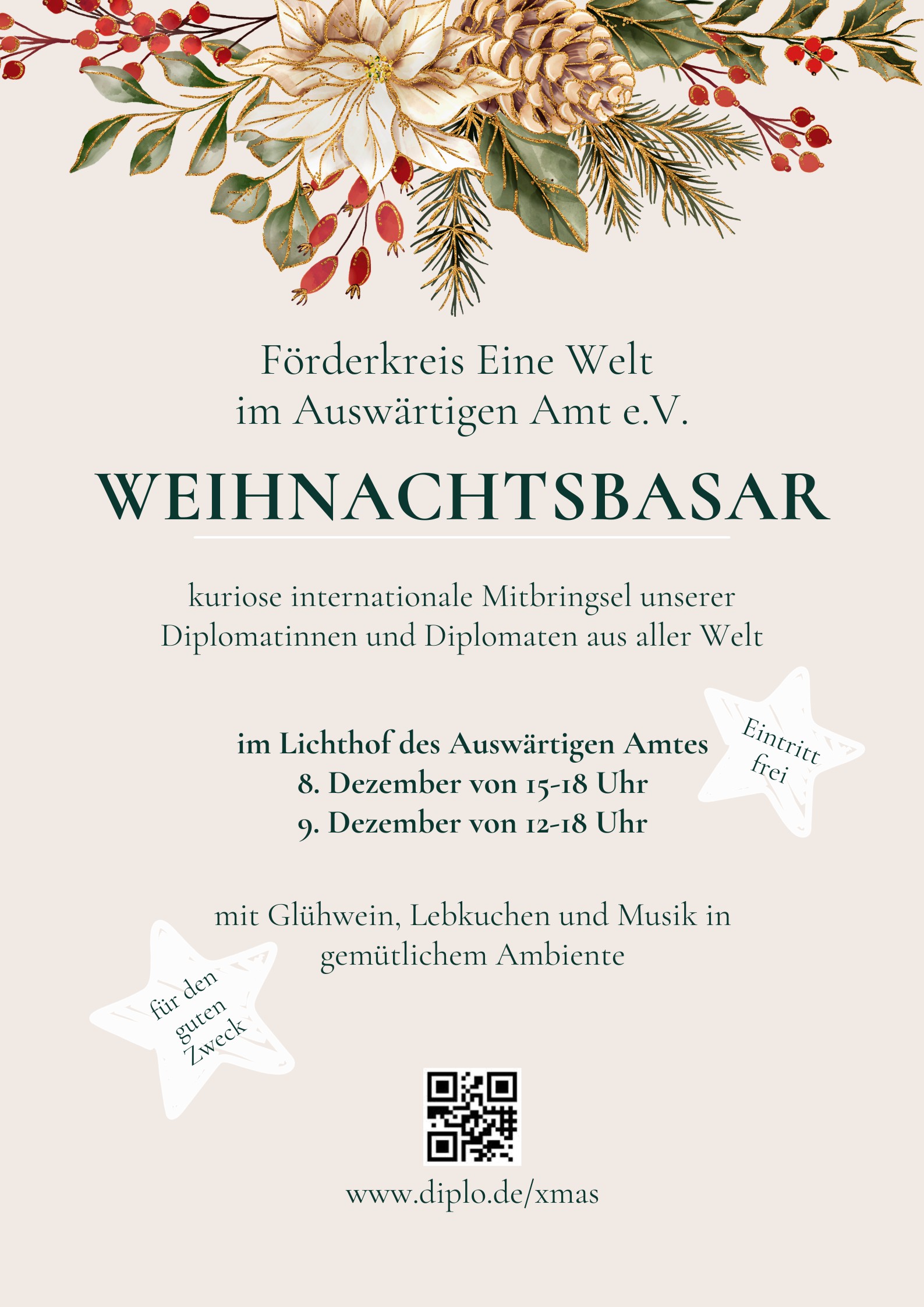 Weihnachtsbasar am 09. Dezember 2022, 15:00 – 18:00 Uhr und 10. Dezember 2022, 12:00 – 18:00 Uhr., im Lichthof des Auswärtigen Amts, Werderscher Markt 1 in 10117 Berlin, Eintritt frei