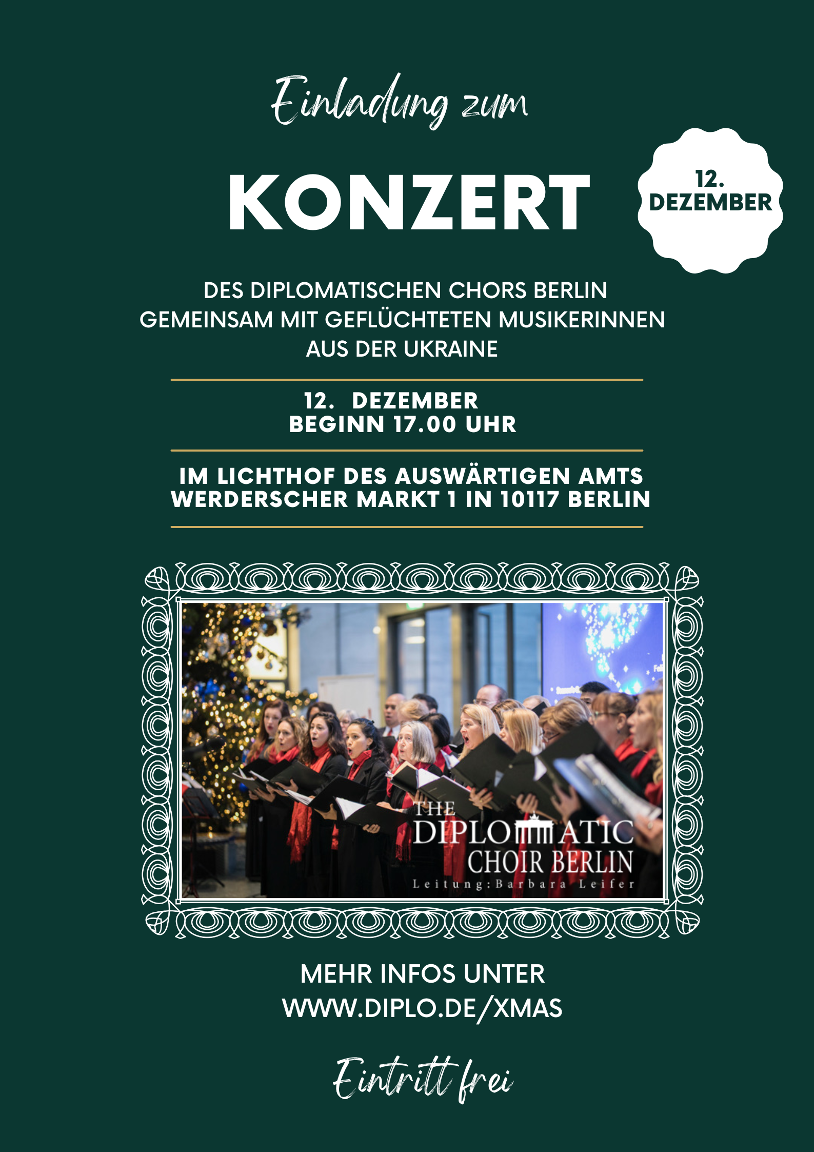 Konzert des Diplomatischen Chors Berlin im Lichthof des Auswärtigen Amts am 12.12.2022 von 17 bis 18:30 Uhr., Werderscher Markt 1 in 10117 Berlin, Eintritt frei