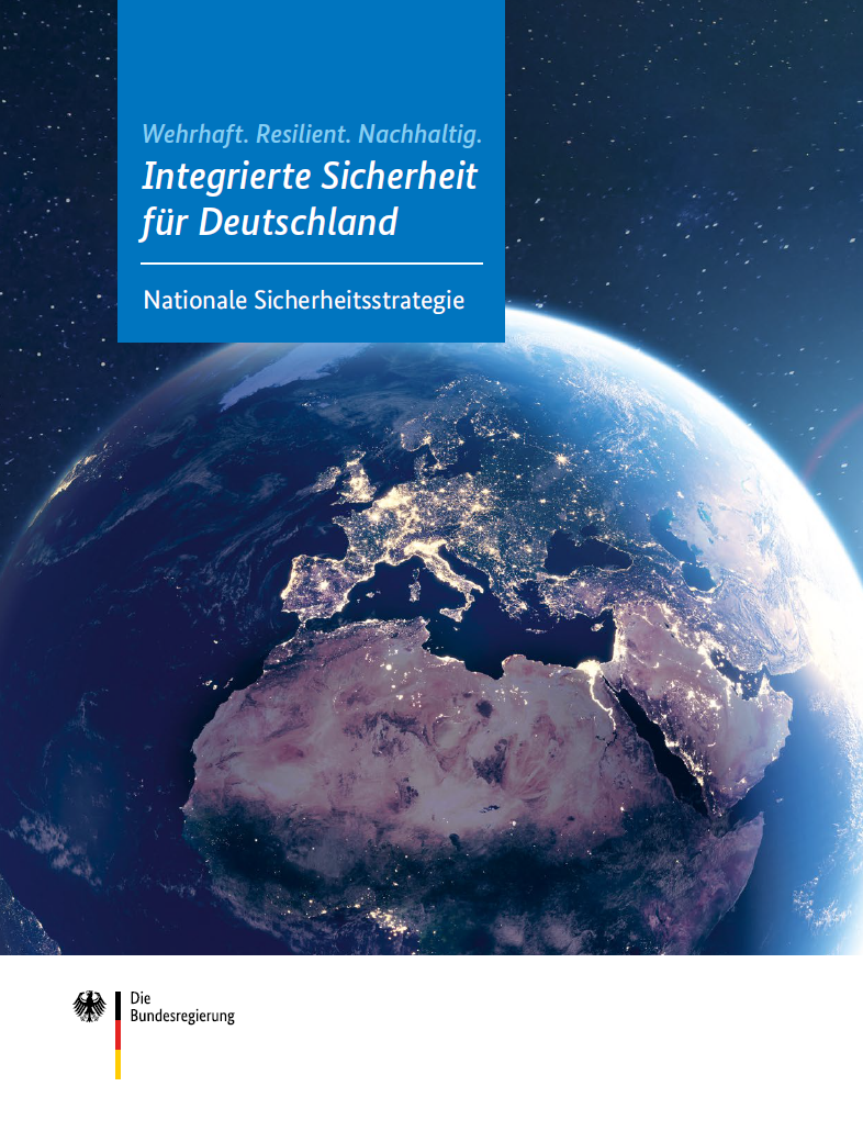 Satellitenansicht der Erde mit Deutschland im Zentrum, darüber der Titel Wehrhaft. Resilient. Nachhaltig. Integrierte Sicherheit für Deutschland